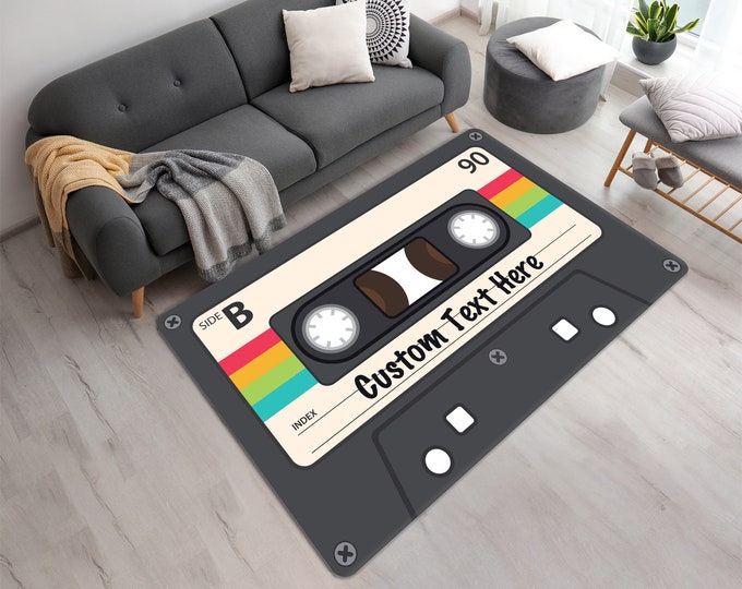 Personalized Bespoke Cassette Tape Area Rug • Customizable 90s Music Mixtape Printed Mat • Retro Style Throw Rug • Gift for Music Lovers