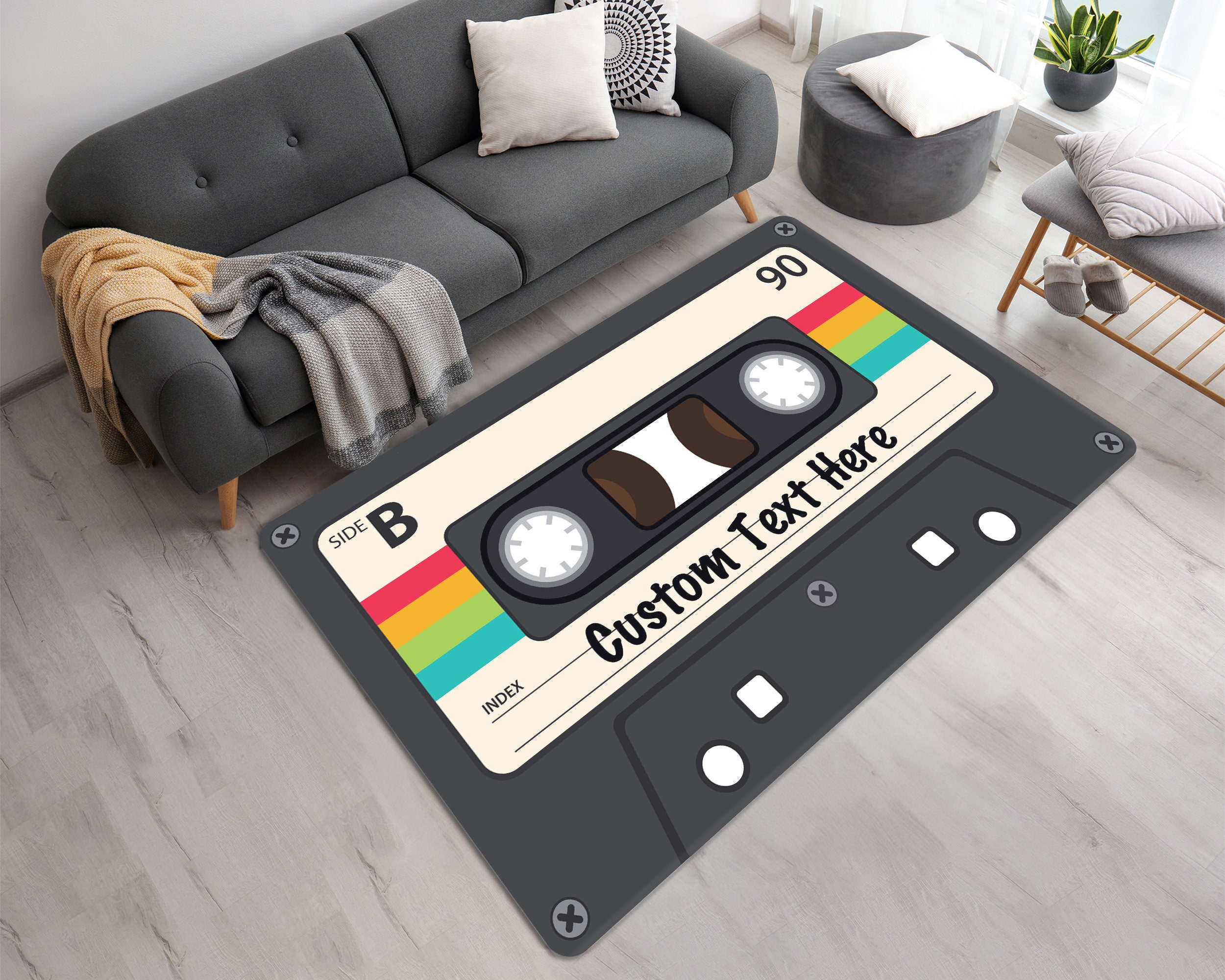 Personalized Bespoke Cassette Tape Area Rug • Customizable 90s Music Mixtape Printed Mat • Retro Style Throw Rug • Gift for Music Lovers