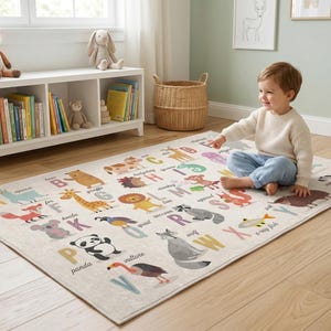 Rutschfester, maschinenwaschbarer niedlicher Tiere Alphabet Gedruckt Kinderzimmerteppich Bild 2