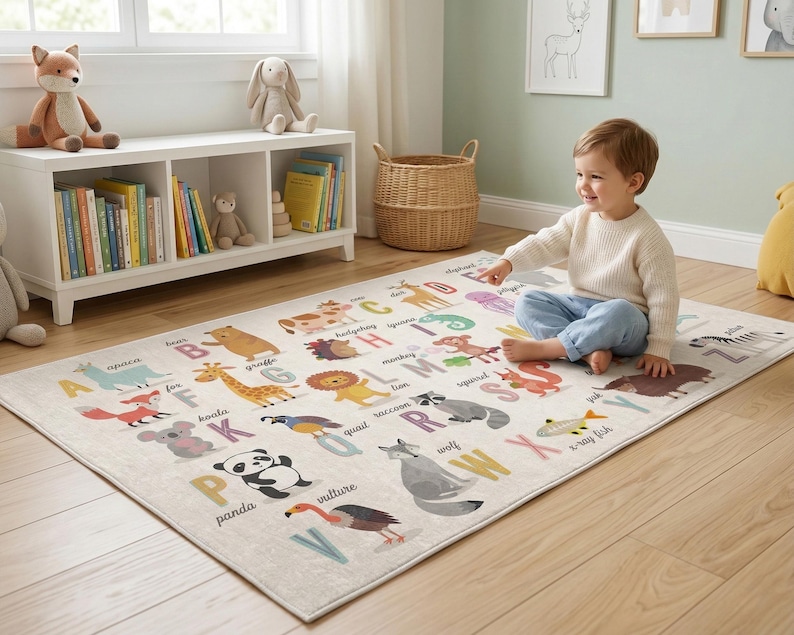 Rutschfester, maschinenwaschbarer niedlicher Tiere Alphabet Gedruckt Kinderzimmerteppich Bild 2