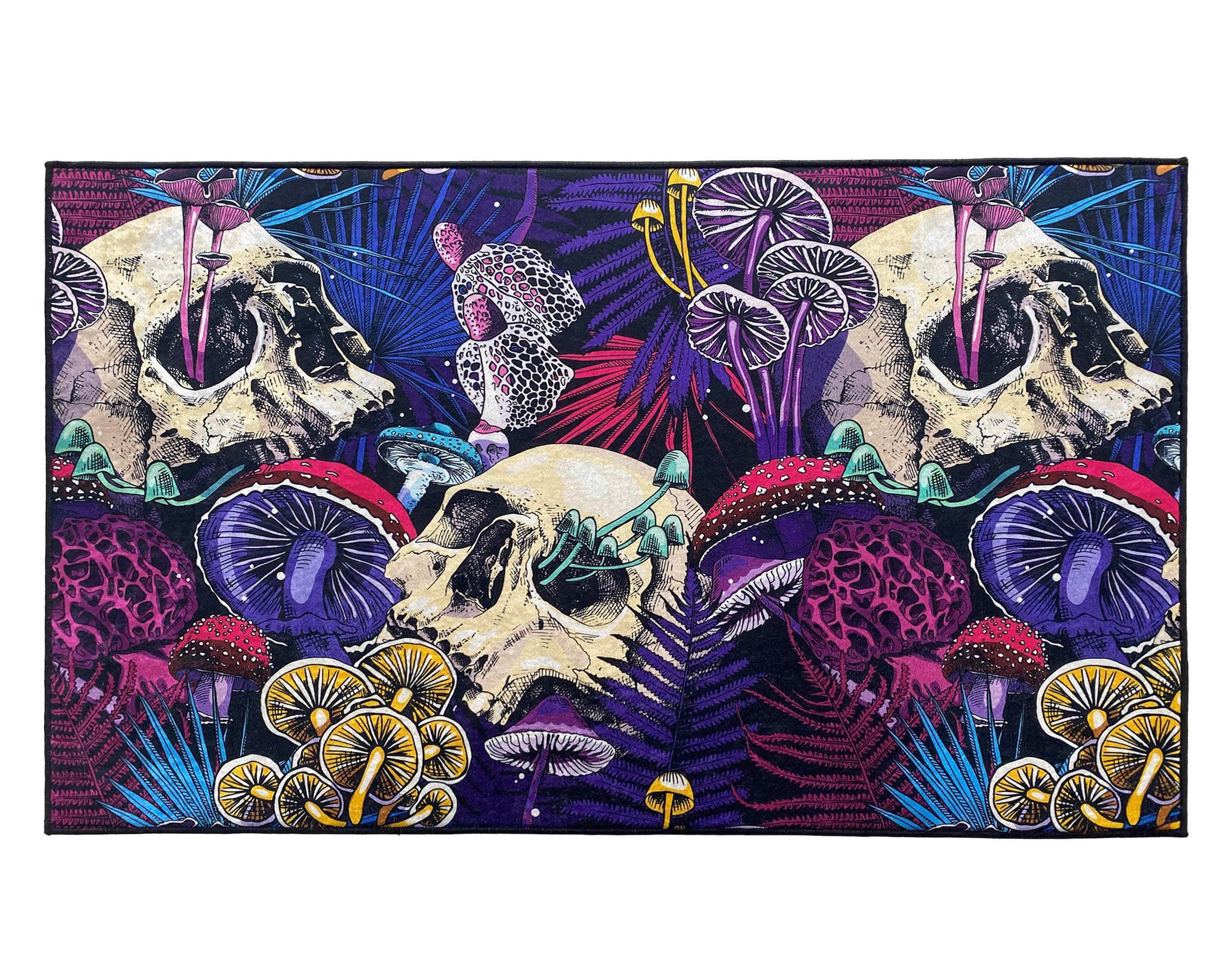 Discover Vivid Color Printed Area or Runner Rug with Bright Magic Psychedelic Mushrooms and skulls Design  Washable Area or Runner Rug  Home Decor
