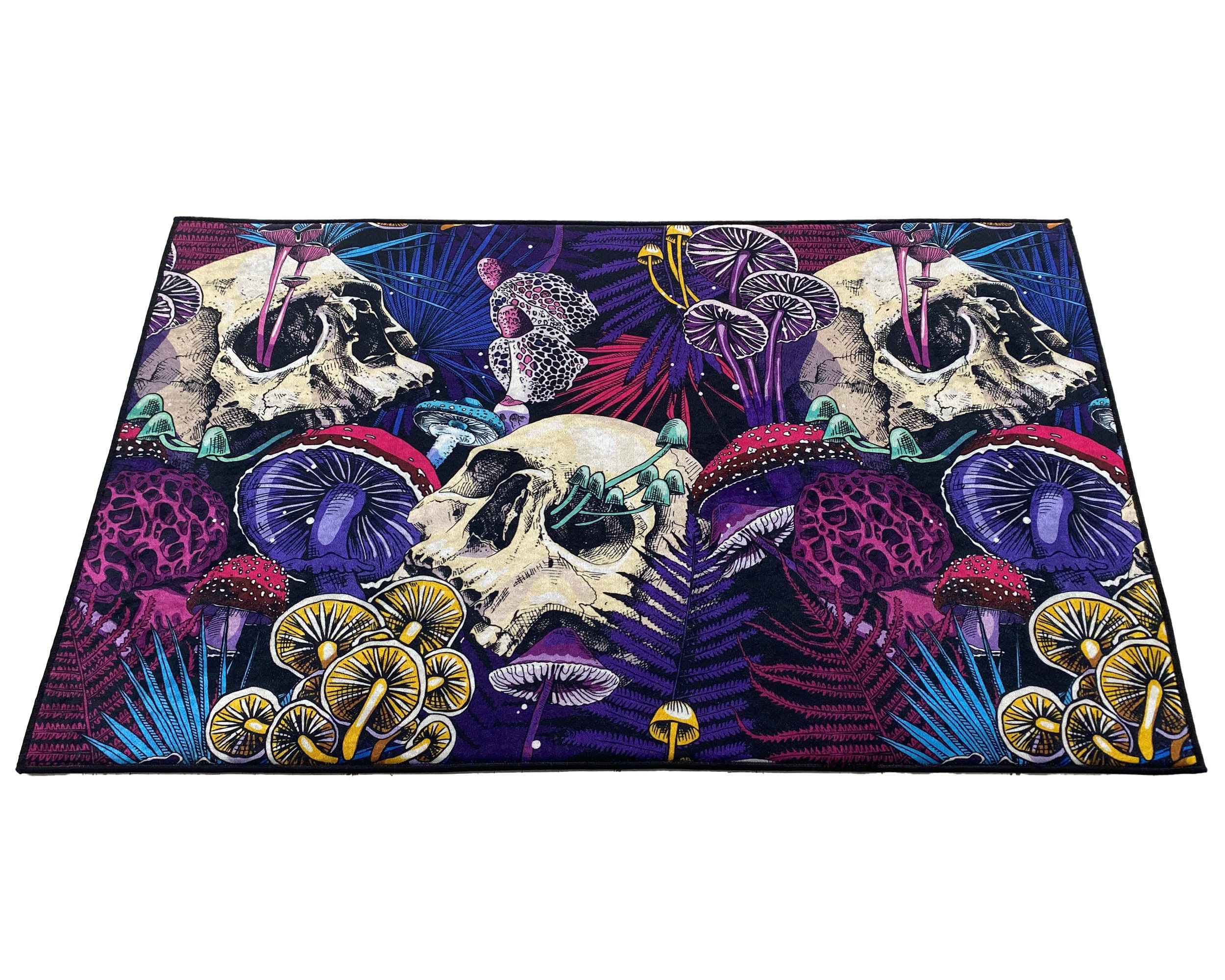 Discover Vivid Color Printed Area or Runner Rug with Bright Magic Psychedelic Mushrooms and skulls Design  Washable Area or Runner Rug  Home Decor