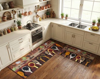 Washable Wooden Spoon Spice Print Kitchen Runner Rug Set With Non-Slip Backing