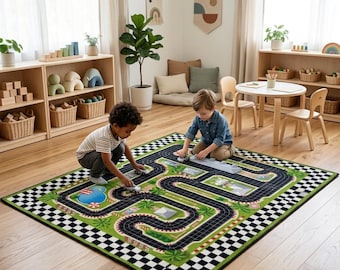 Mini Racers Play Track Rug, Kids Race Track Mat, Toy Car Road Map Playroom Carpet