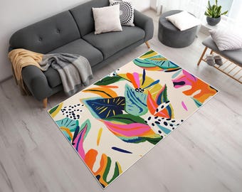 Exotic Floral Jungle Rug: Tropical Leaf Velvet Area Rug