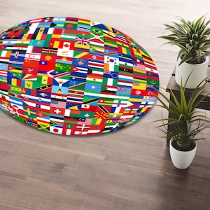 Tapis rond imprimé drapeaux du monde colorés • Tapis circulaire lavable avec drapeaux des pays • Cadeau pour les amateurs de géographie • Décoration de salle éducative