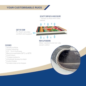 May include: A customizable rug with a soft, velvety surface and vivid colors. The rug has a non-slip backing made of wear-resistant woven cotton. Features include a 0.2-inch to 5 cm thickness, machine washability, timeless patterns, and variable sizes and shapes.