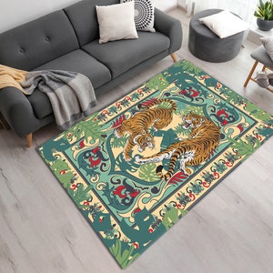 Exquisite Bengal Tiger Printed Area Rug • Vibrant Machine Washable Persian Carpet With Bengal Tigers and Jungle Leaves • Gift for Home