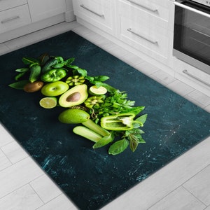 Vivid Color Printed Kitchen Rug • Machine Washable Non-Slip Kitchen Rug • Fresh Green Fruits and Vegetables • Gift For Kitchen
