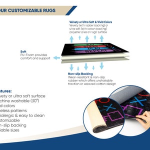 May include: A customizable rug with a black background and colorful text that reads "Eat Sleep Play Repeat". The rug is made of a soft, velvety material and has a non-slip backing. It is machine washable and available in various sizes.