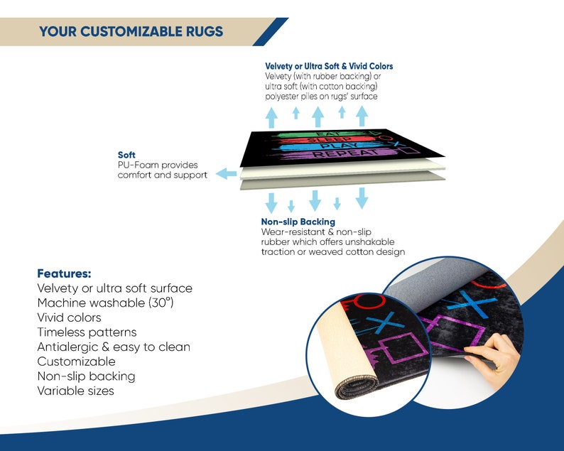 May include: A customizable rug with a black background and colorful text that reads "Eat Sleep Play Repeat". The rug is made of a soft, velvety material and has a non-slip backing. It is machine washable and available in various sizes.
