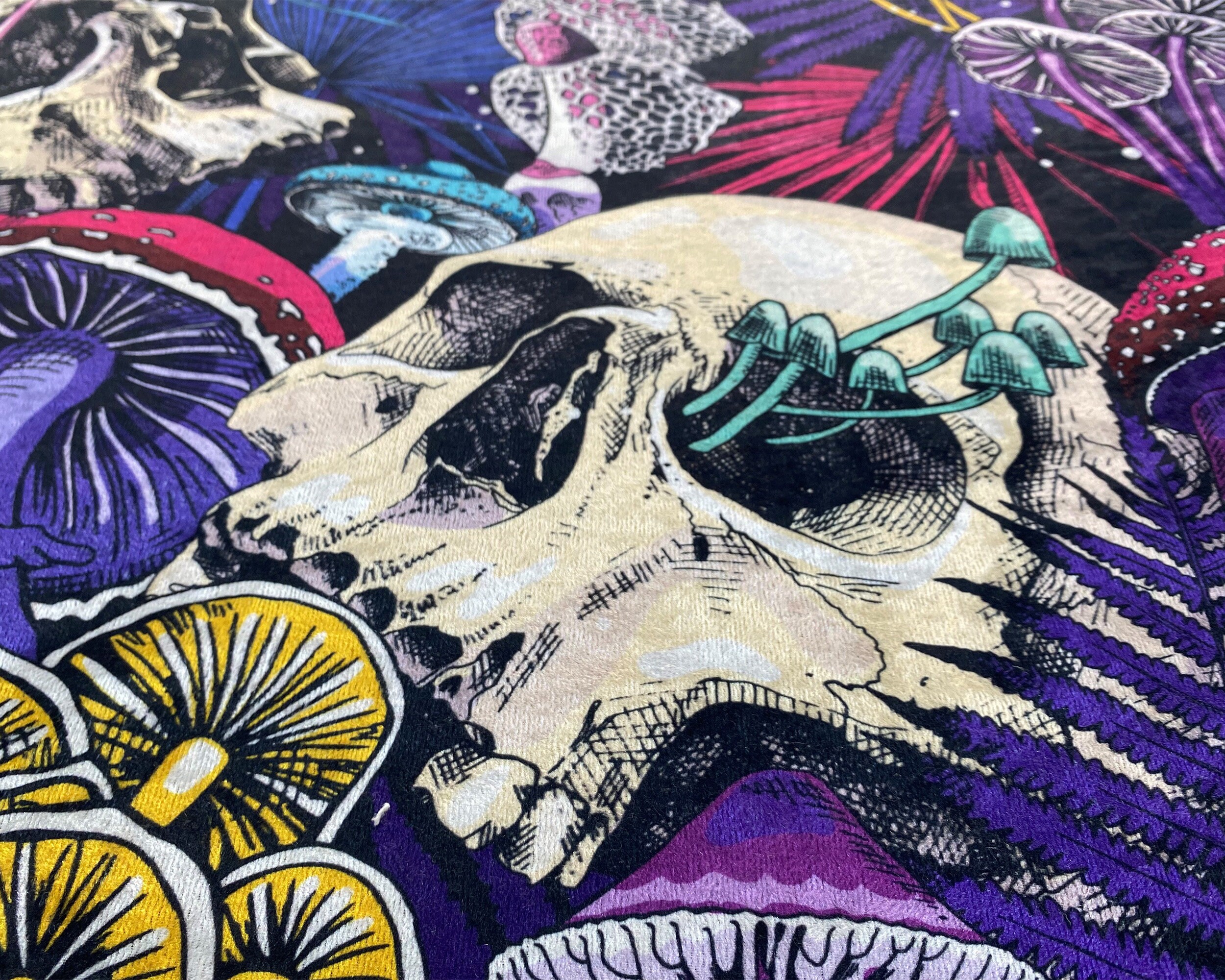 Discover Vivid Color Printed Area or Runner Rug with Bright Magic Psychedelic Mushrooms and skulls Design  Washable Area or Runner Rug  Home Decor