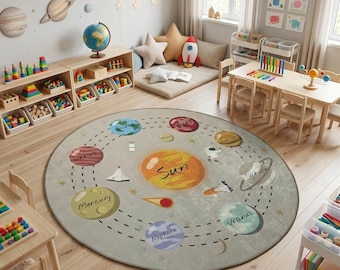 Solar System Planets Round Kids Rug for Space Nursery