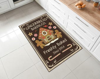 Personalized Gingerbread Bakery Christmas Kitchen Rug • Machine Washable Non Slip Holiday Floor Mat