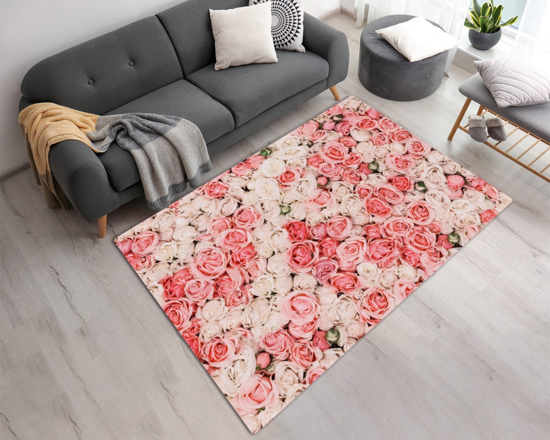 Vibrant Beautiful Roses Printed Area or Runner Rug • Washable Pink ...