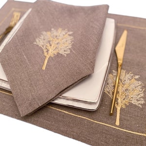 Set of Natural Color, Tree Embroidered, 100% Linen (GSM: 335 g/m2) Napkins, Placemats and Runner
