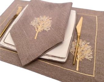 Set of Natural Color, Tree Embroidered, 100% Linen (GSM: 335 g/m2) Napkins, Placemats and Runner