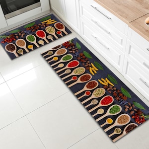 Vibrant Printed Kitchen Rug, Set of 2 • Machine Washable Non-Slip Kitchen Rug • Aromatic Spices on Wooden Spoons • Gift For Kitchen