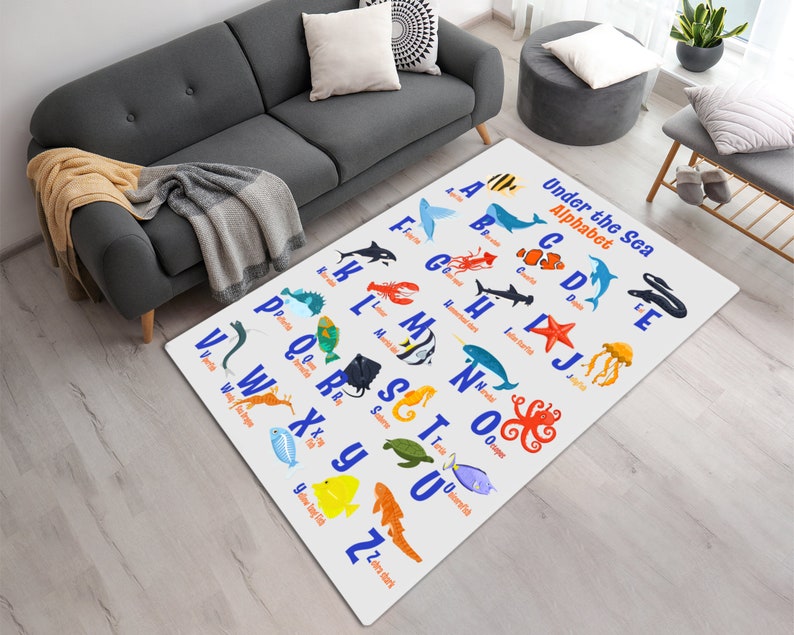 Sea Animals Alphabet Printed Kids Room Rug • ABC Sea Animals Non-slip ...