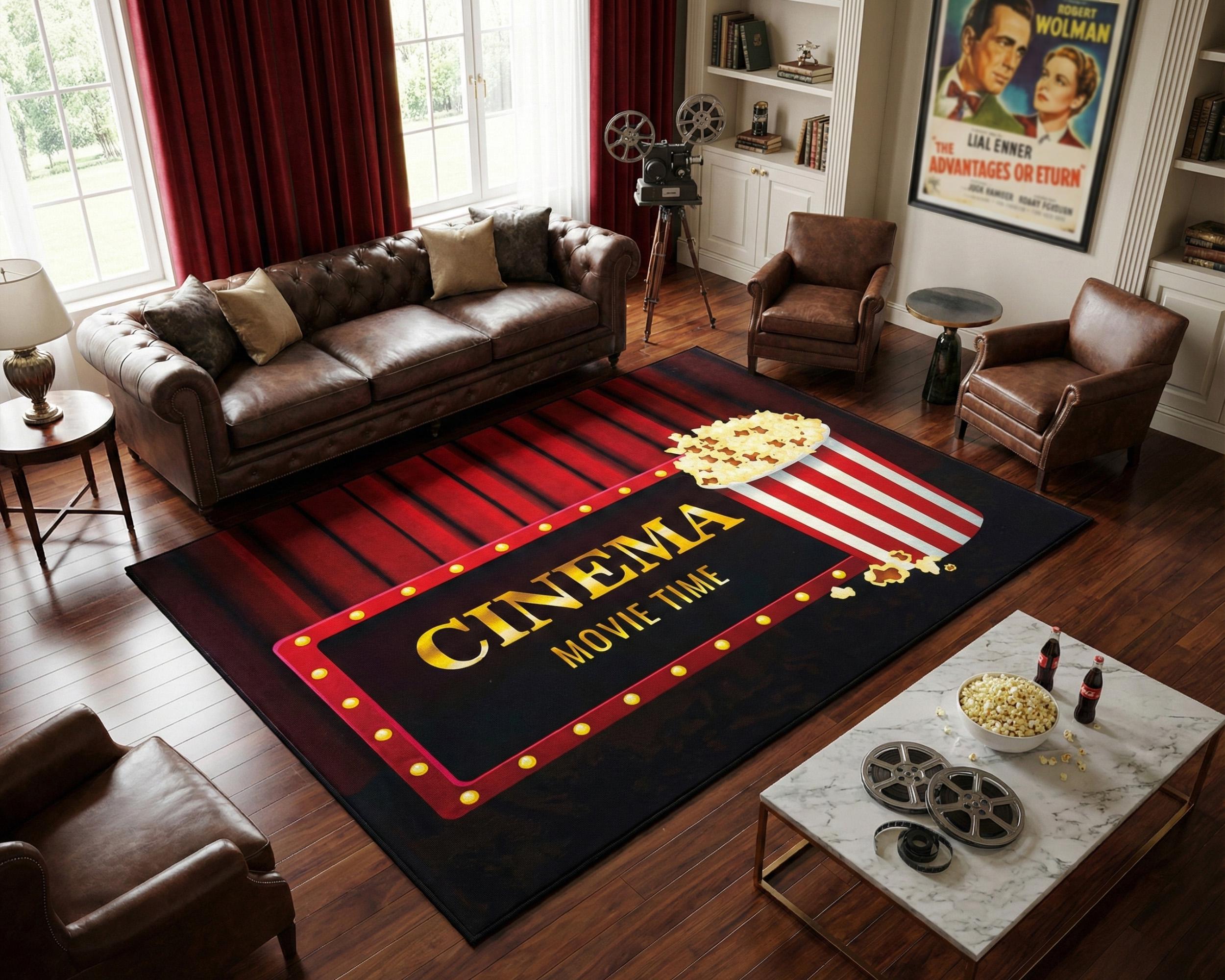 Popcorn Area Washable Cinema Movie Time Popcorn Area Rug for Home Theater TV Room ...