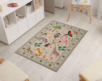May include: A rectangular area rug with a beige background and a border of green and brown floral patterns. The rug features colorful illustrations of jungle animals, including a giraffe, zebra, monkey, and parrot.