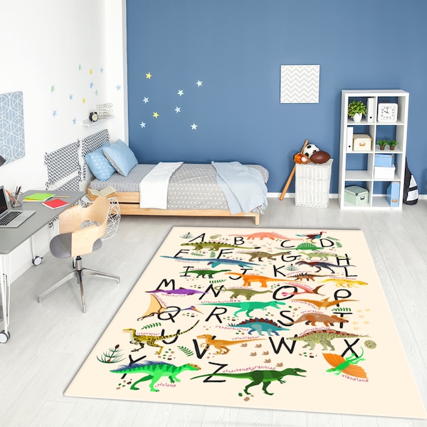 Tappeto per la cameretta dei bambini stampato con alfabeto didattico vivace con dinosauri • Tappeto lavabile antiscivolo con dinosauri ABC • Regalo per la cameretta dei bambini