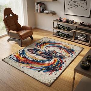 May include: Rectangular rug with a vintage, distressed look. The rug features a colorful abstract design of a race car speeding through a swirl of blue, red, yellow, and white. The rug has a checkered flag pattern.