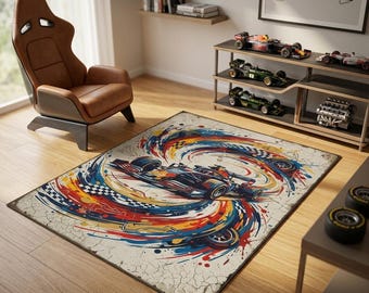 Vibrant Formula 1 Racing Car Rug for Modern Motorsport Room Decor