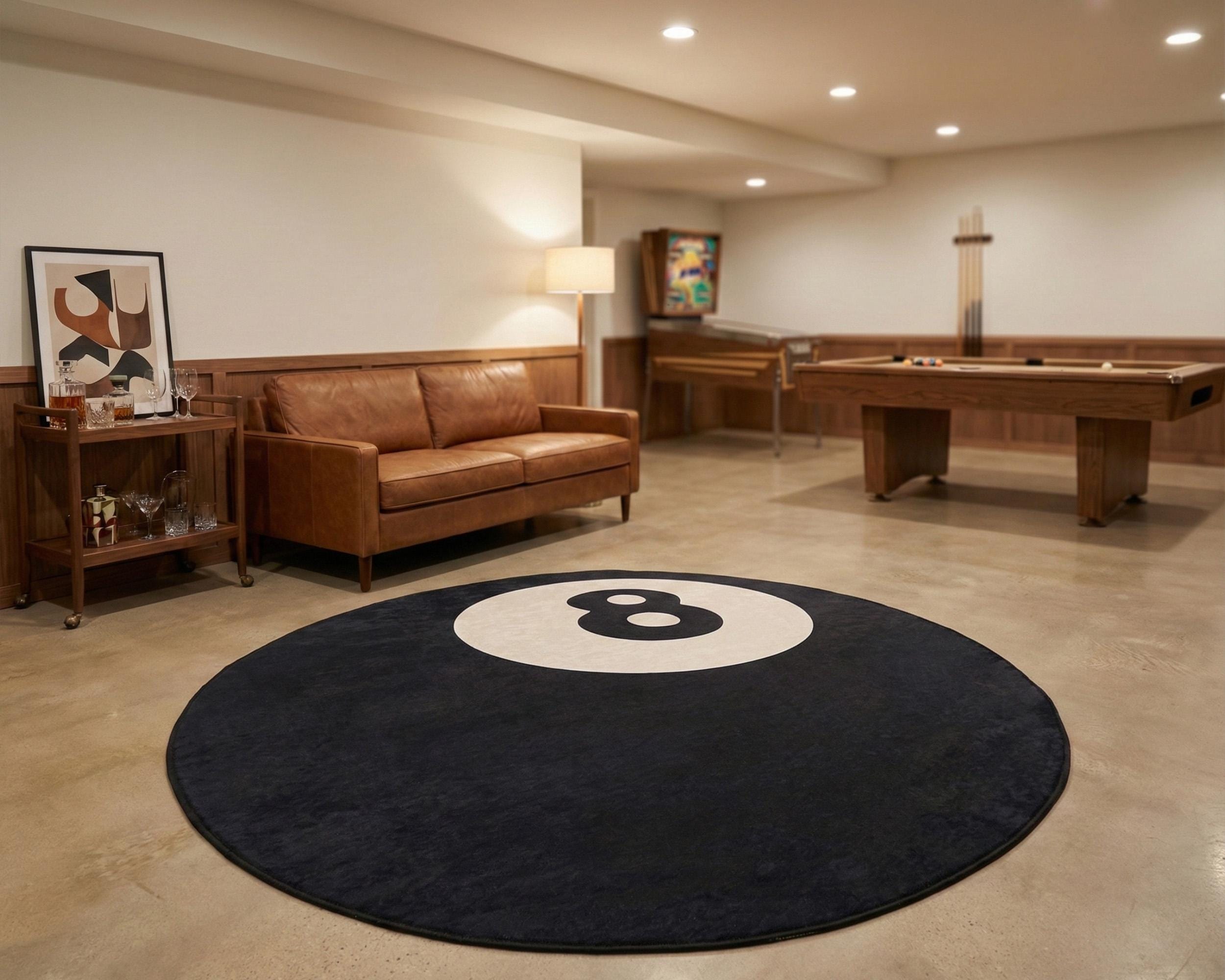 Round Rug With Pool Table 8 Ball Printed Machine Washable Round Rug • Perfect Billiard Room Decor ...