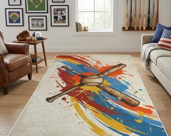 Colorful Splatter Baseball Rug for Sporty Kids Room and Playroom Decor
