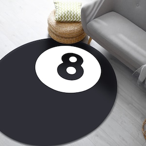 8 Ball Printed Machine Washable Round Rug • Perfect Billiard Room Decor • Gift For Billiard Lovers