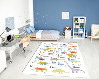 Cute Dinosaur ABC Alphabet Printed Rug • Vibrant Printed Washable Non-Slip Area Rug • Gift for Baby Children Education • Kids Room Decor