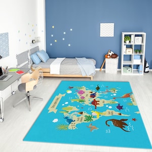 Lebhafter Cartoon Dinosaurier auf moderner Weltkarte Gedruckter Kinderzimmer Teppich • rutschfester Waschbarer Teppich • Geschenk für Kinderzimmer