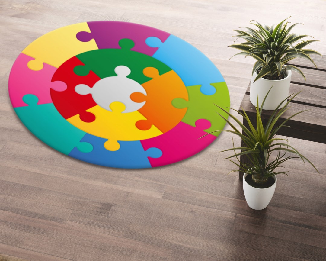 Vibrant Colorful Round Puzzle Rug • Colorful Circle Puzzle Printed ...