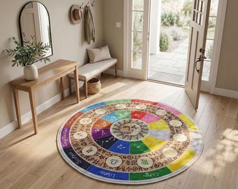 Vibrant Colorful Zodiac Wheel Round Rug With Sun and Moon Astrology Design