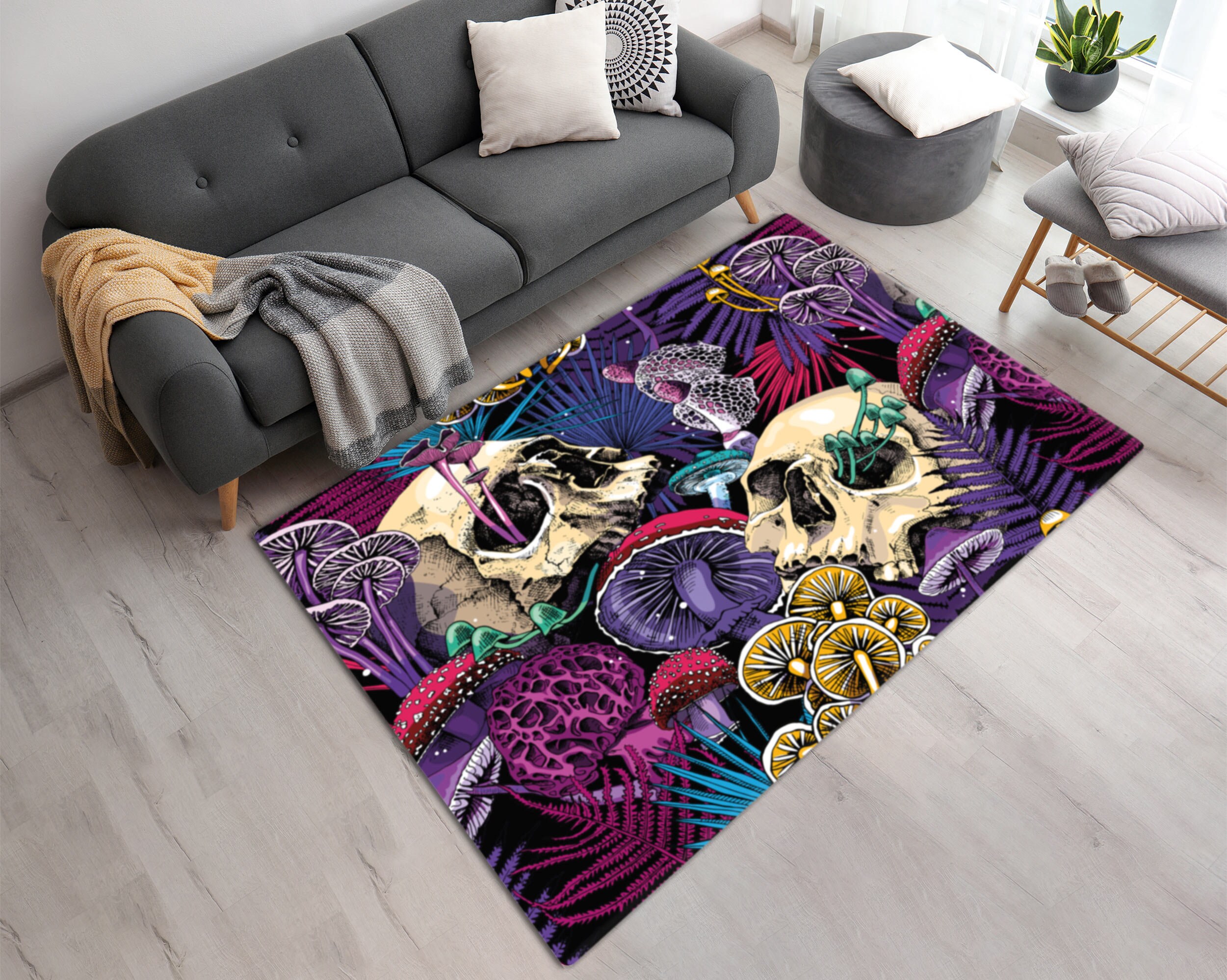 Discover Vivid Color Printed Area or Runner Rug with Bright Magic Psychedelic Mushrooms and skulls Design  Washable Area or Runner Rug  Home Decor