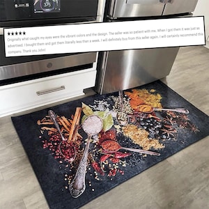 Vibrant Printed Kitchen Rug • Machine Washable Non-Slip Kitchen Rug • Top View of Colorful Spices • Gift For Kitchen image 2