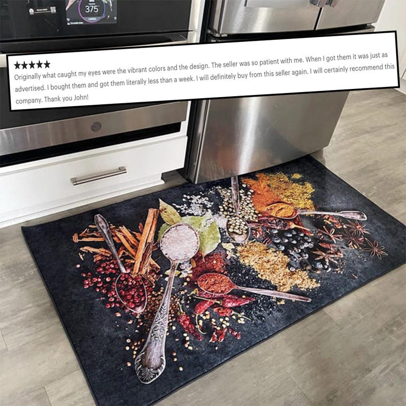 Vibrant Printed Kitchen Rug • Machine Washable Non-Slip Kitchen Rug • Top View of Colorful Spices • Gift For Kitchen image 2