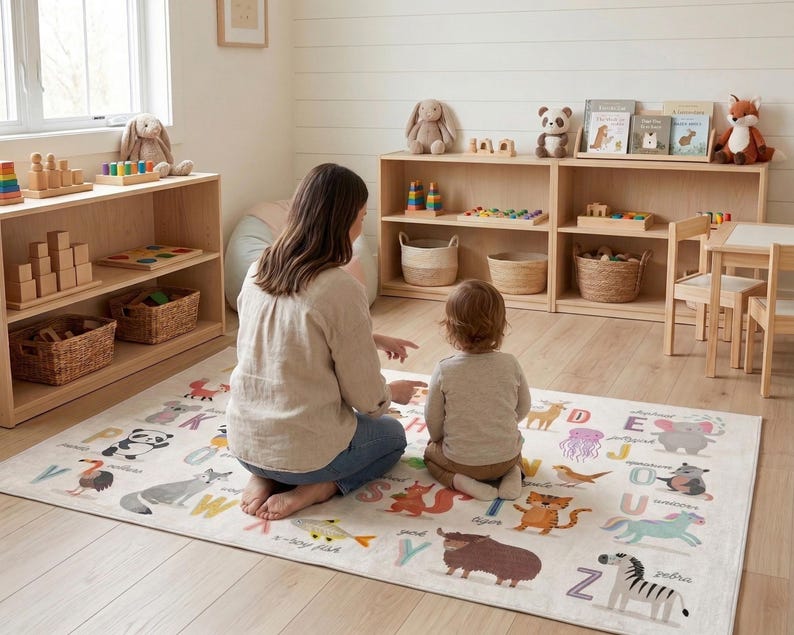 Rutschfester, maschinenwaschbarer niedlicher Tiere Alphabet Gedruckt Kinderzimmerteppich Bild 7