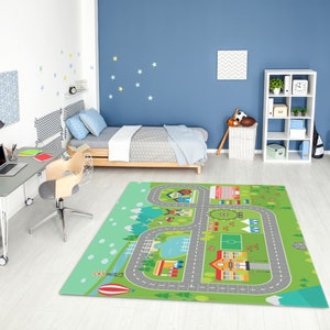 Tapis de jeu avec carte de la ville paysage pour chambre d'enfant • Tapis imprimé amusant nature et piste pour enfants • Tapis de salle de jeux éducatif City Road