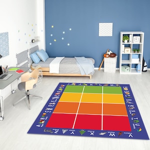 Vibrant Colorful Educational Phonics Seating Area Rug • Letters and Related Cute Phonic Images Printed Carpet • Playful Mat for Classroom
