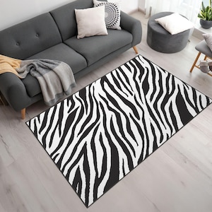 Zebra Print Area Rug • Black and White Animal Pattern Carpet for Modern Living Room • Bold Safari Home Decor Gift Idea for Her or Him