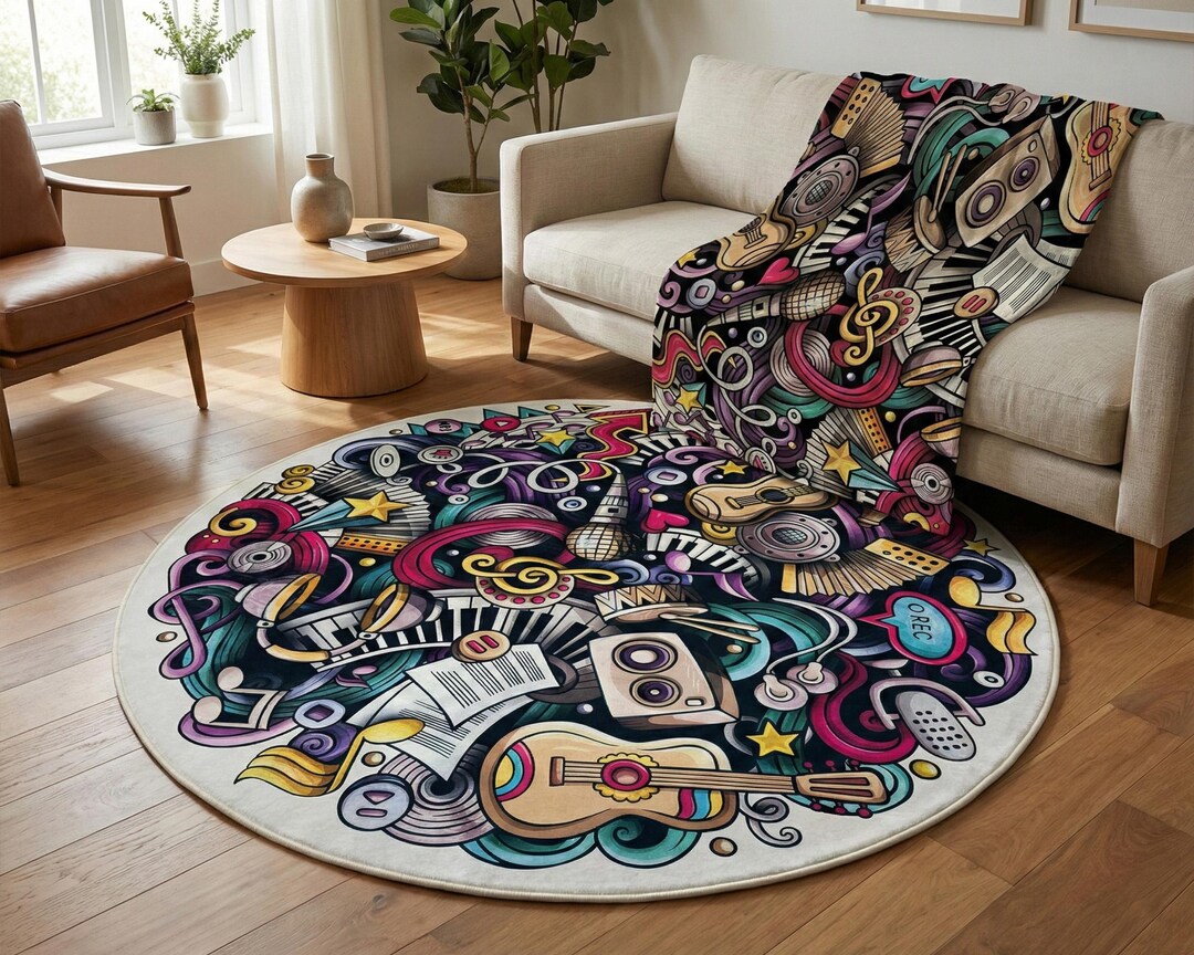 Circle Music Rug Washable Round Music Doodle Area Rug for Music or Teen Bedroom Decor ...