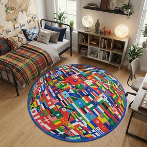 Round World Flags Area Rug: Colorful Travel Theme Patchwork