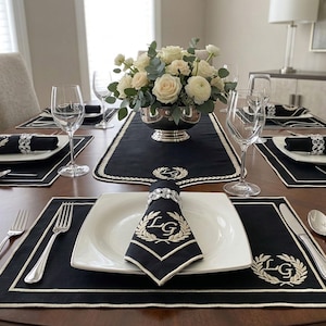 Personalized Laurel Crest Monogram Embroidered Polyester Table Linen Set: Available as Individual Napkins, Placemats, Runner or Full Set