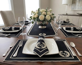 Personalized Laurel Crest Monogram Embroidered Polyester Table Linen Set: Available as Individual Napkins, Placemats, Runner or Full Set