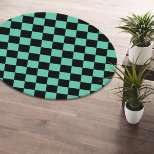 Vibrant Abstract Seamless Pattern Chessboard Green and Black Background Round Rug • Washable Personalized Checkered Pattern Circle Rug