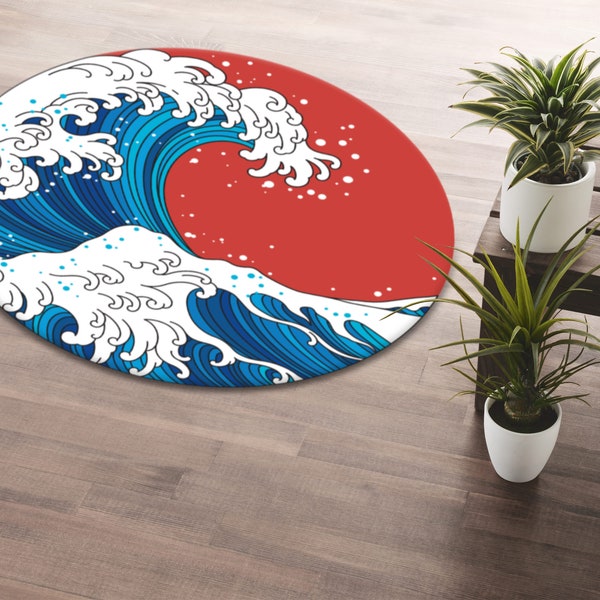 Lebhafter Japan Great Wave and Sun Illustration Bedruckter runder Teppich • Großer Wave and Sun Circle Teppich • Maschinenwaschbarer Teppich