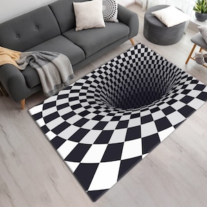 May include: Black and white checkered rug with a 3D optical illusion of a hole in the center. The rug is on a wooden floor.