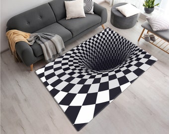 Optical Illusion Printed Area Rug • Machine Washable Black and White Checkered Trippy Rug • Home Decor